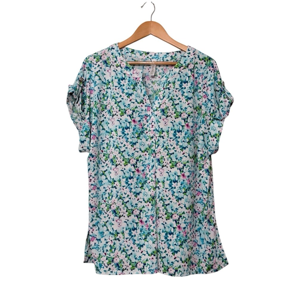 Dear Scarlett Lizzy Blouse V-Neck Bright Floral Multi Print Stretchy Top XL